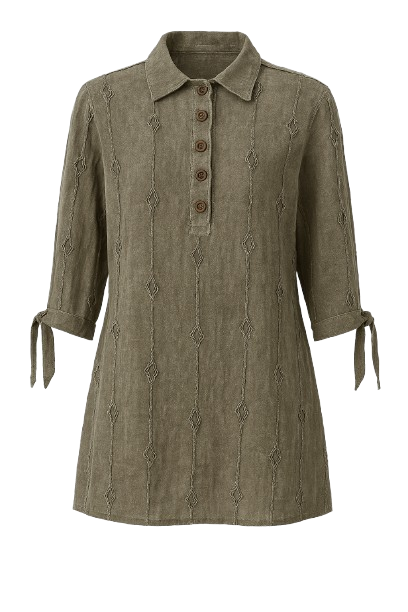 Olive Textured Tunic Shirt with Tie Sleeves