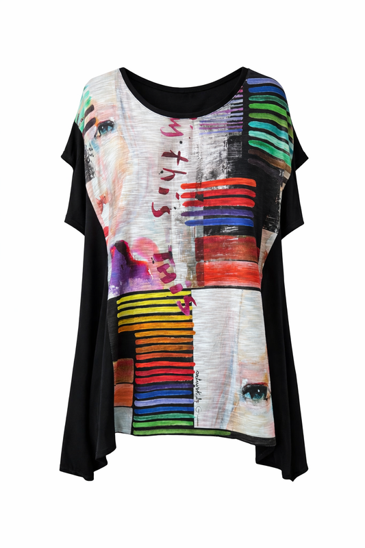 Oversized Artistic Print Top with Draped Sides – Statement Style and Modern Comfort