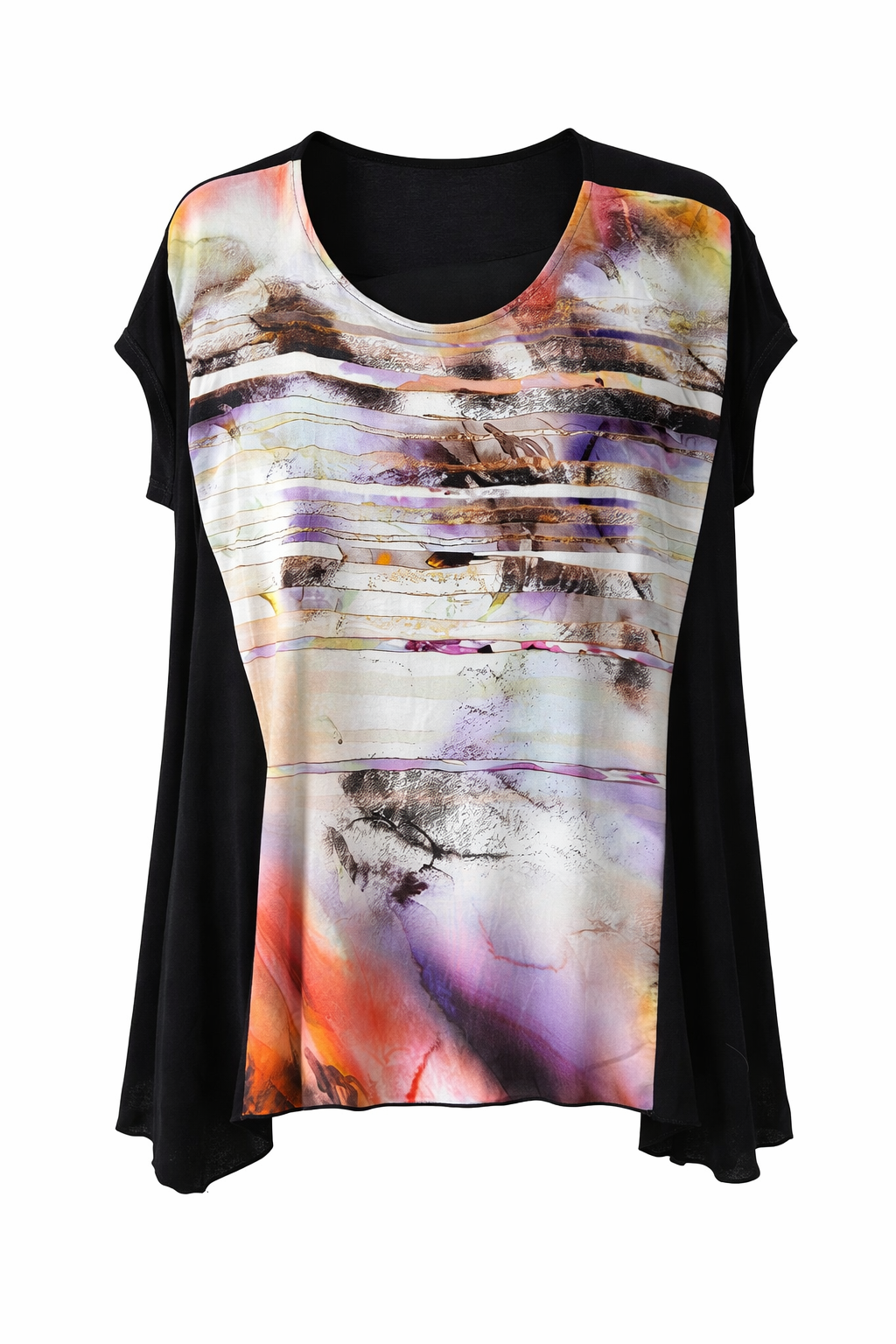 Draped Batwing-Sleeve Top with Artistic Print – Fluid Elegance and Contemporary Style