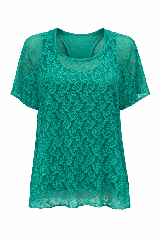 Lace Overlay Short-Sleeve Top with Inner Layer