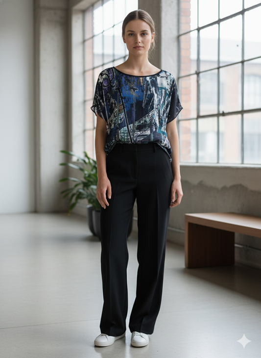 Printed Silky-Feel Short-Sleeve Blouse
