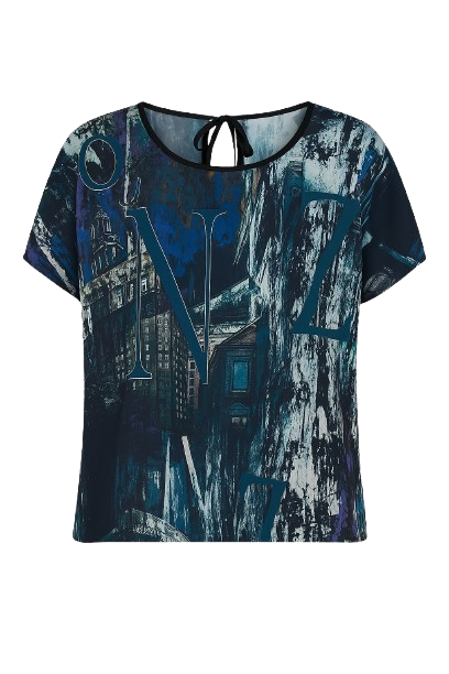 Printed Silky-Feel Short-Sleeve Blouse