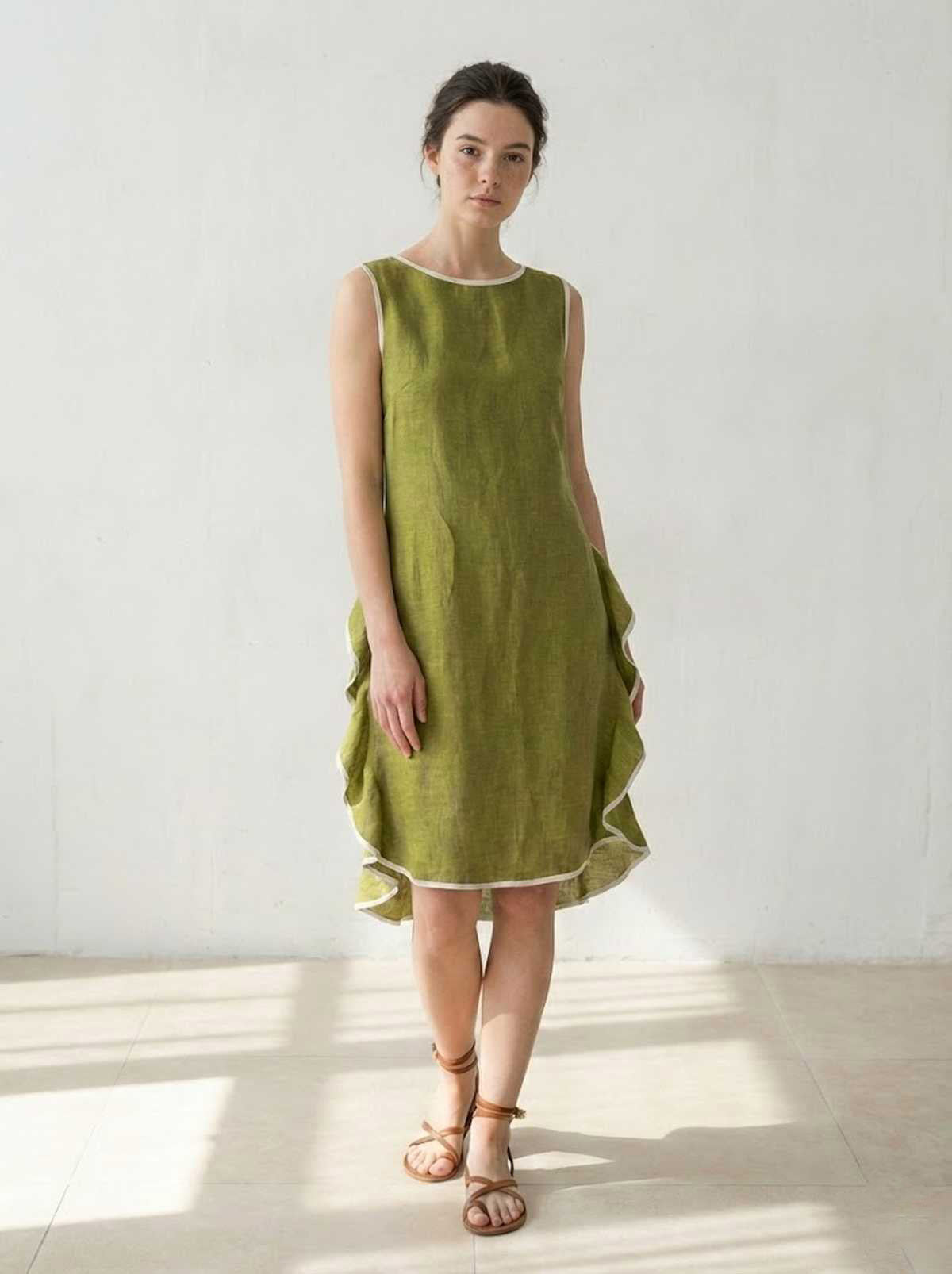 Sleeveless Linen-Blend Dress with Layered Ruffle Hem – Effortless Elegance