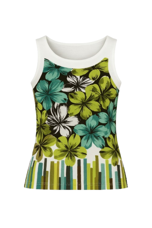 Sleeveless Floral Print Top in Green and Teal