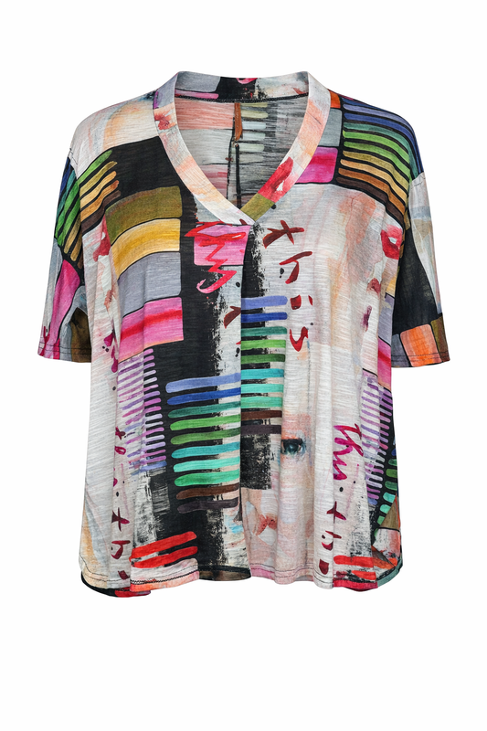 Printed V-Neck Top with Fluid Silhouette – Contemporary Artistic Style