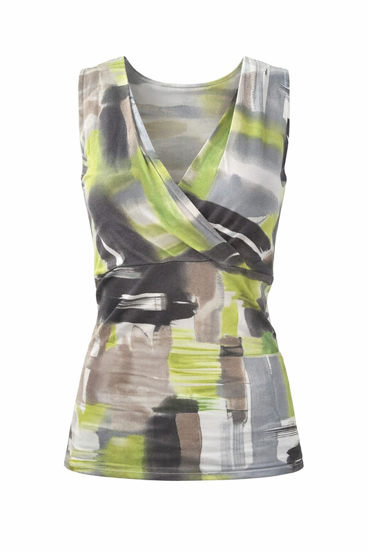 Printed Wrap-Front Stretch Top with V-Neckline