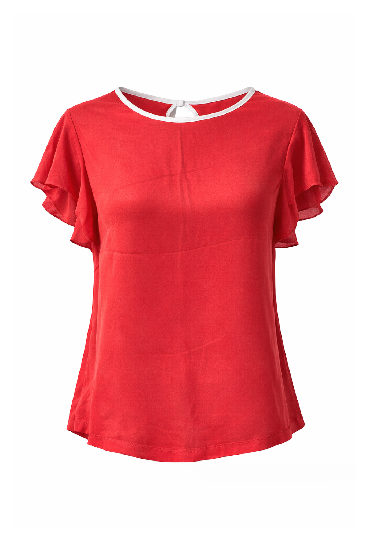 Flowing Short-Sleeve Top with Contrast Trim and Keyhole Back