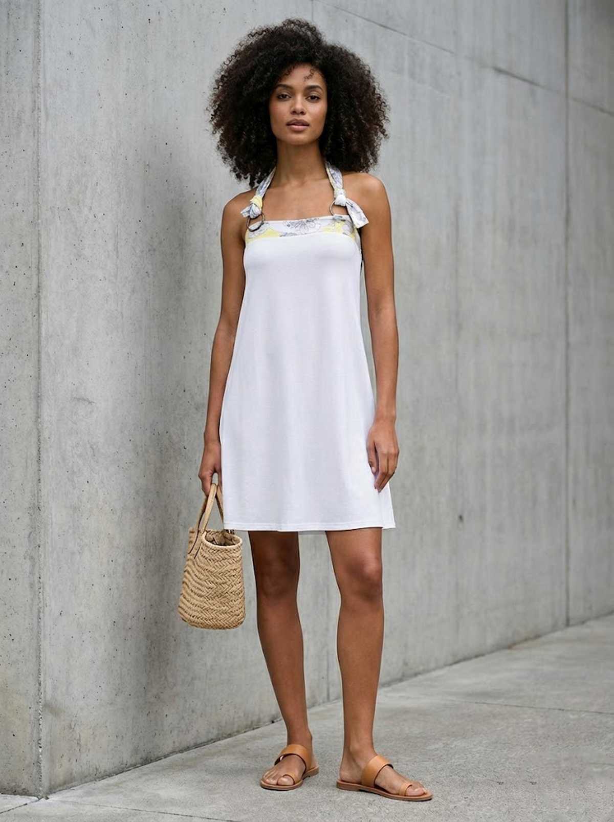 Halter Neck Summer Dress with Soft Drape and Printed Trim