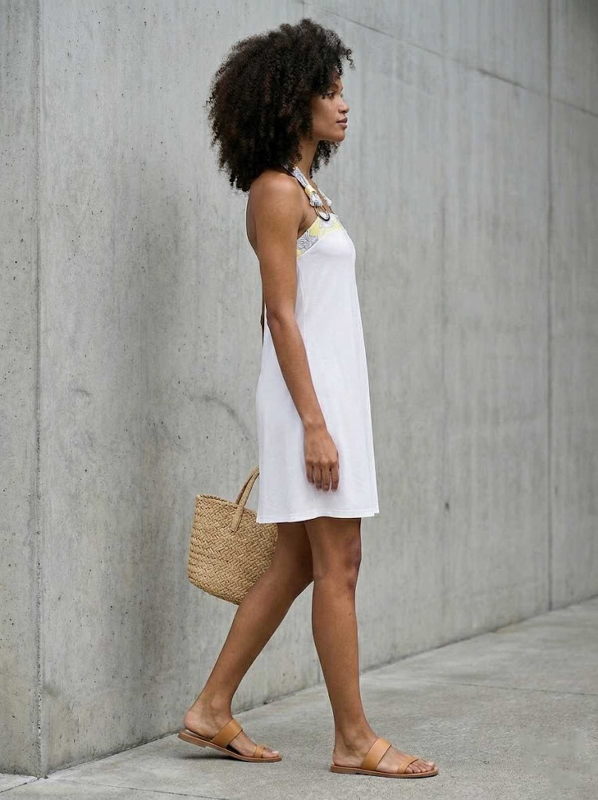 Halter Neck Summer Dress with Soft Drape and Printed Trim