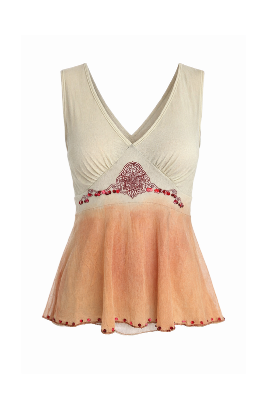Sleeveless V-Neck Top with Ombre Finish and Embroidered Detail