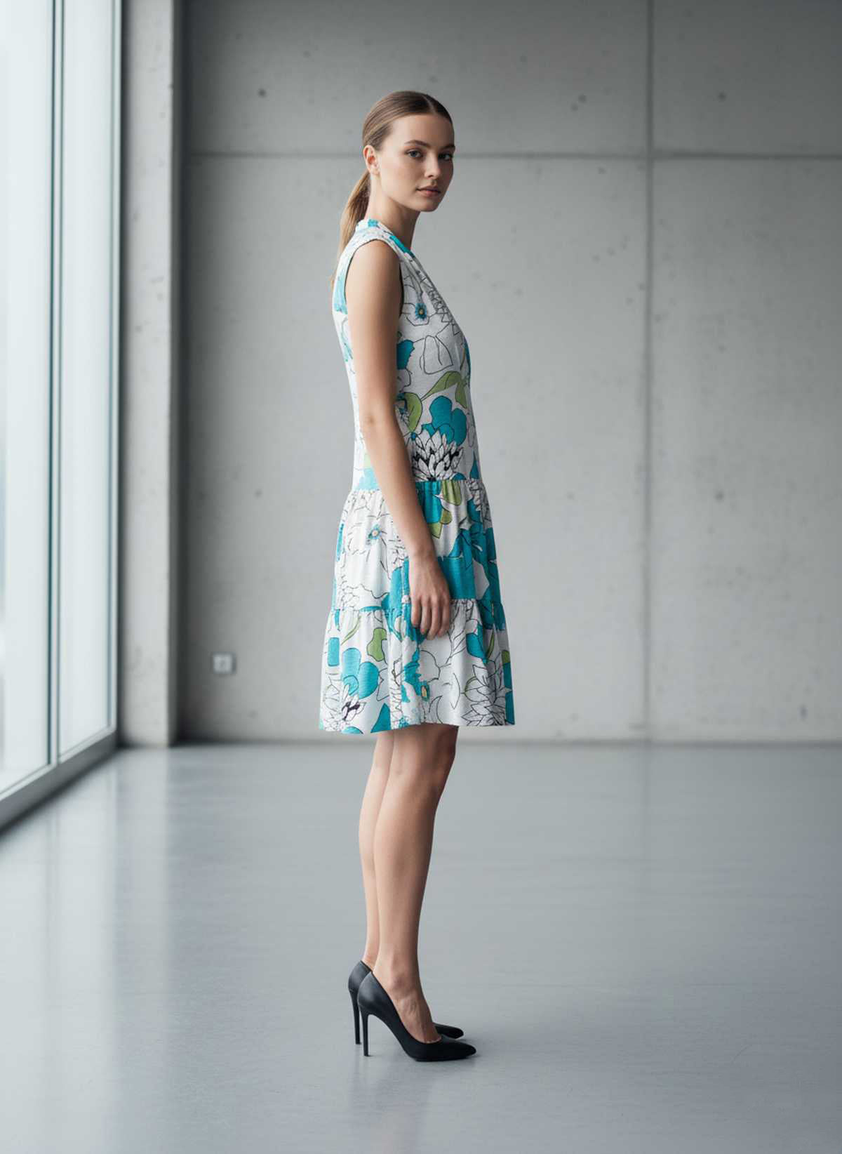 Conquista Φόρεμα Mini Casual Αμάνικο V-Λαιμόκοψη Με Σούρα Floral Τιρκουάζ C262-221-07
