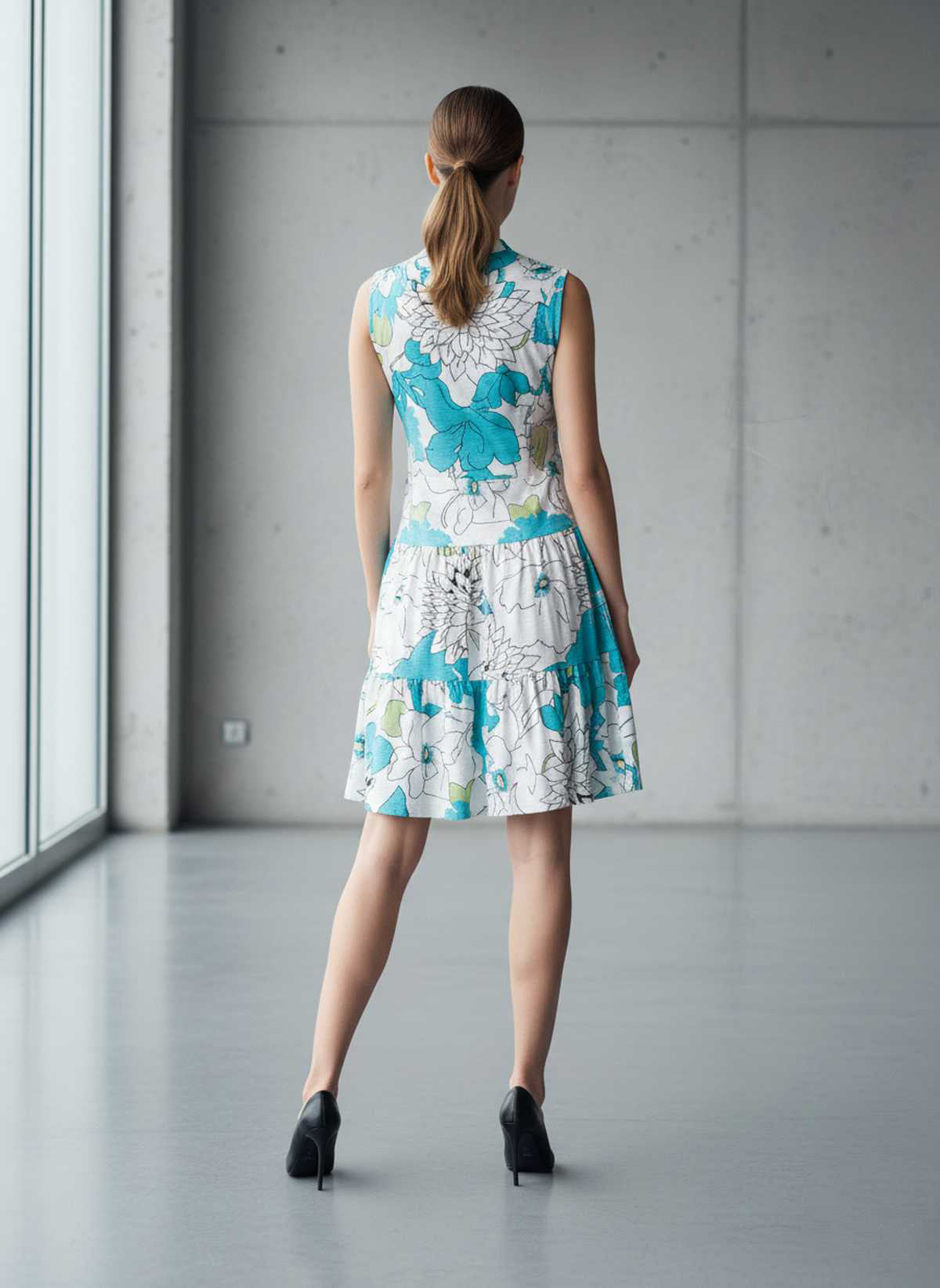 Conquista Φόρεμα Mini Casual Αμάνικο V-Λαιμόκοψη Με Σούρα Floral Τιρκουάζ C262-221-07