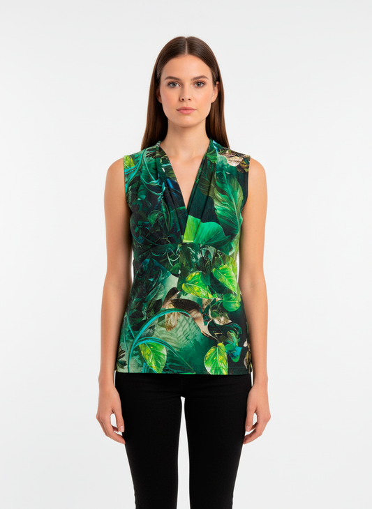 Tropical Green Sleeveless V-Neck Top – Lush Botanical Print