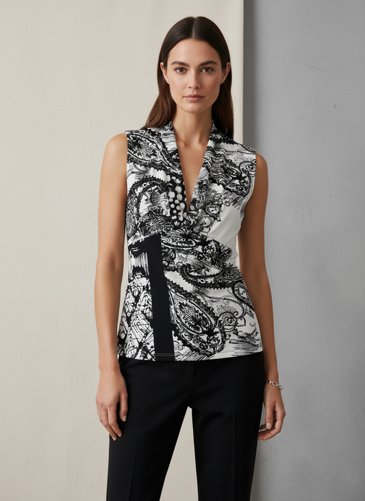 Conquista Τοπ Αμάνικο Office Look V-Λαιμόκοψη Εμπριμέ Μαύρο Λευκό C262-227-00