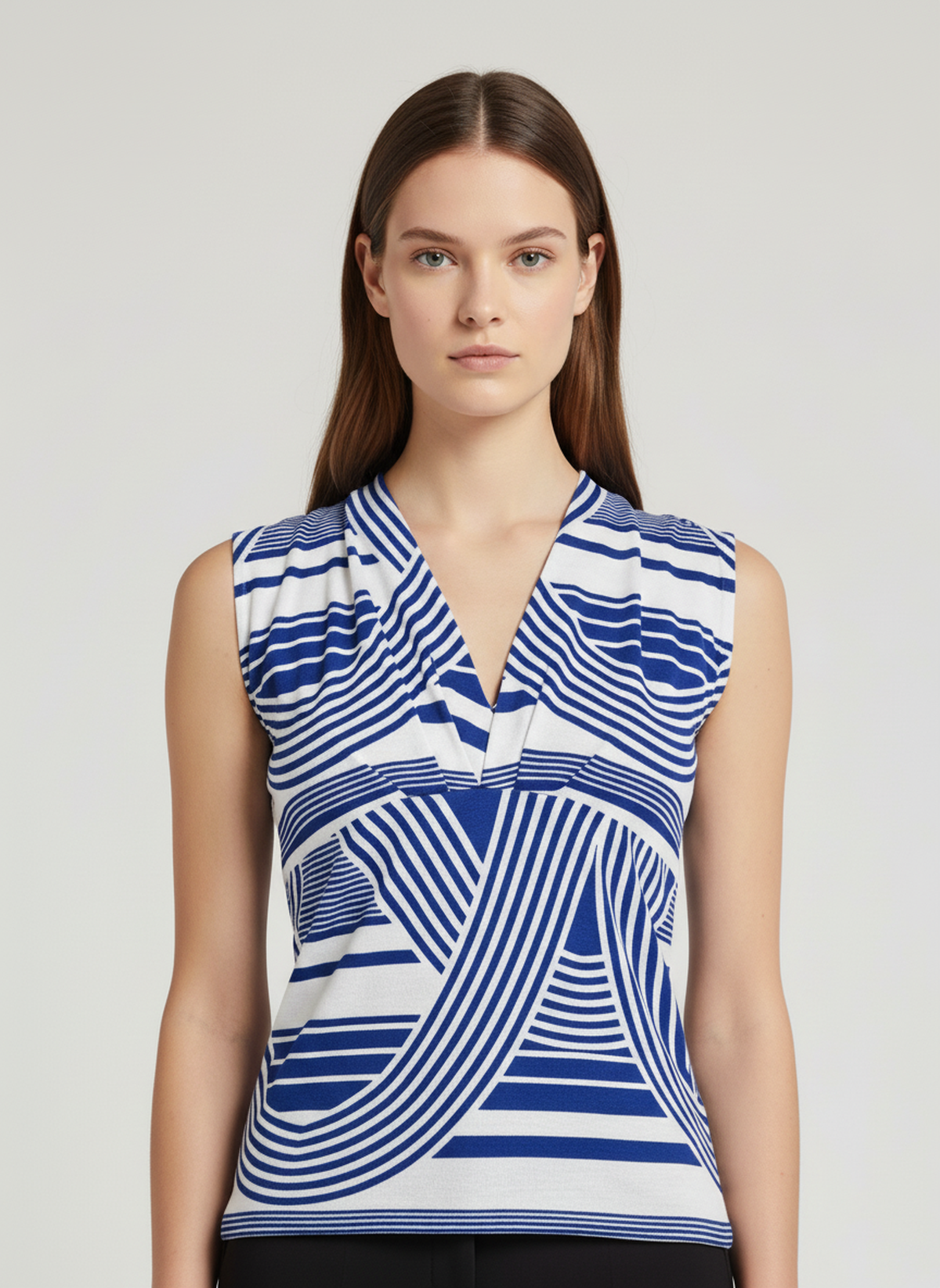 Sleeveless V-Neck Top with Graphic Stripe Pattern