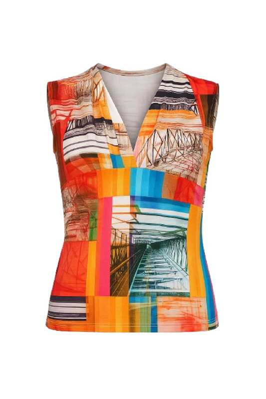 Vibrant Geometric Print Sleeveless V-Neck Top