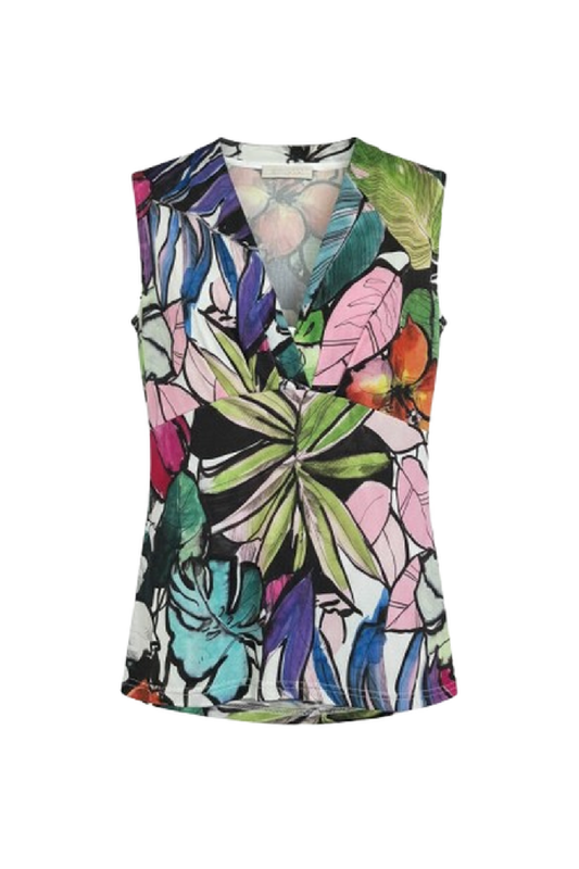 Sleeveless V-Neck Top with Vibrant Tropical Floral Print