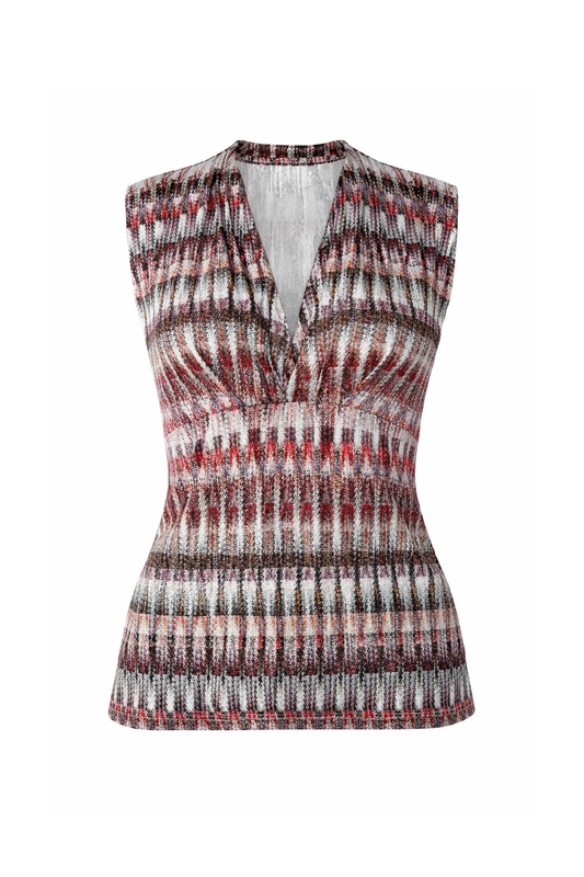 Sleeveless V-Neck Top with Textured Check Print and Shaped Waist