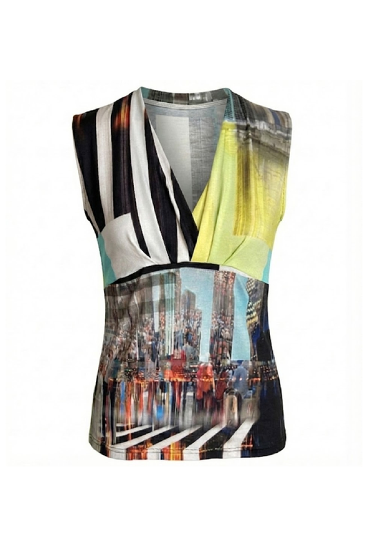 Sleeveless V-Neck Top with Urban Cityscape Print