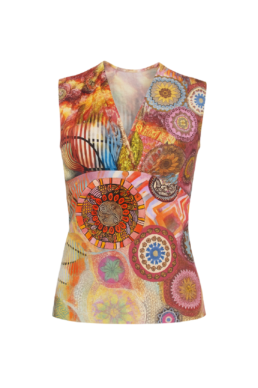 Sleeveless V-Neck Top with Vibrant Mandala Art Print