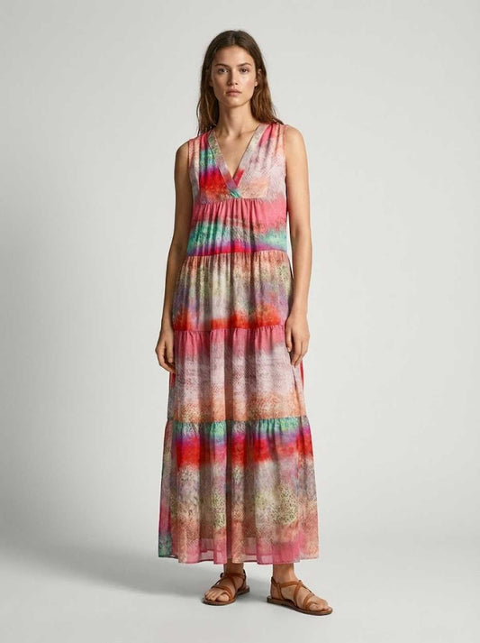 Vibrant Multicolor Sleeveless Maxi Dress with Tiered Silhouette