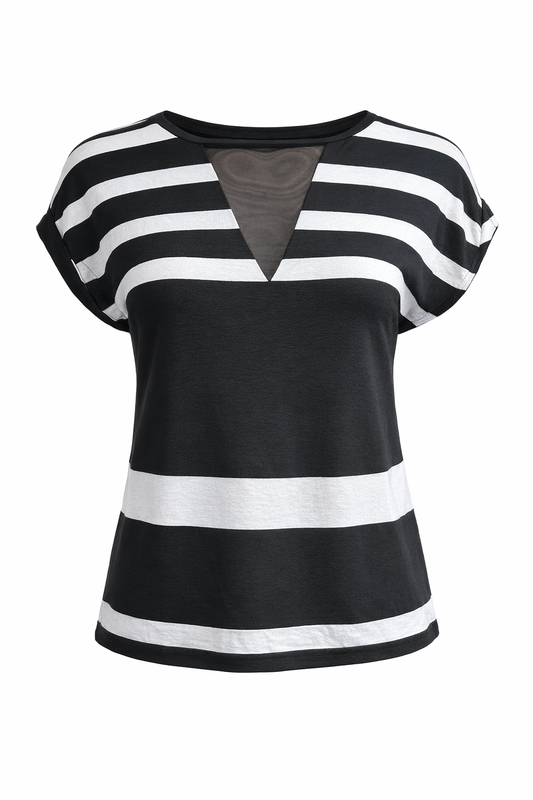 Striped Short-Sleeve Top with Sheer V Insert