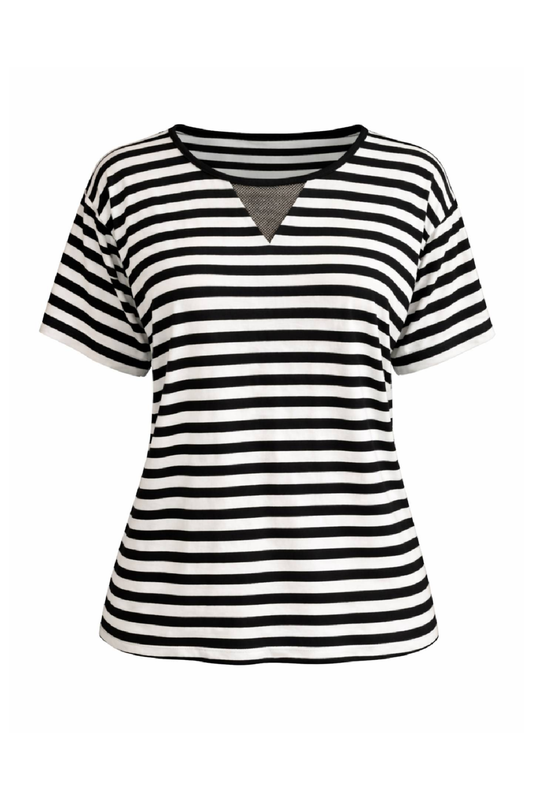 Striped Short-Sleeve Top with Mesh V Detail