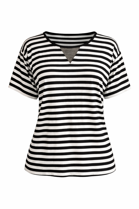 Striped Short-Sleeve Top with Mesh V Detail