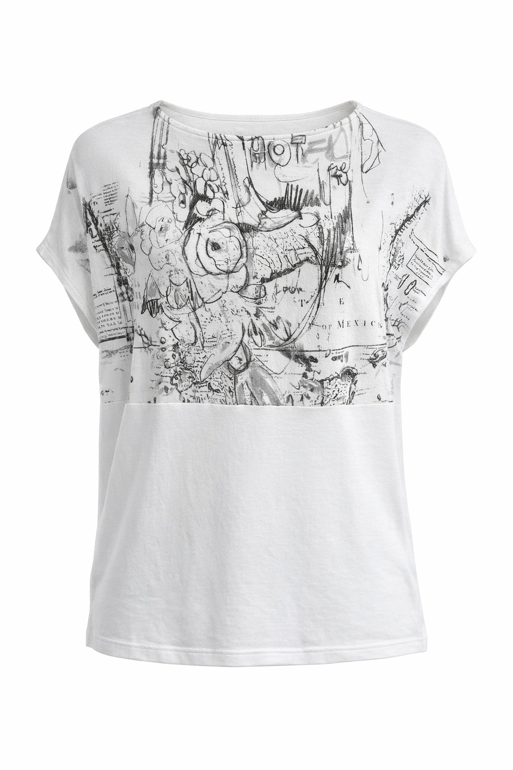 White Short-Sleeve Top with Artistic Print Panel