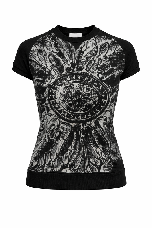 Graphic Statement Short-Sleeve Top with Ornamental Print
