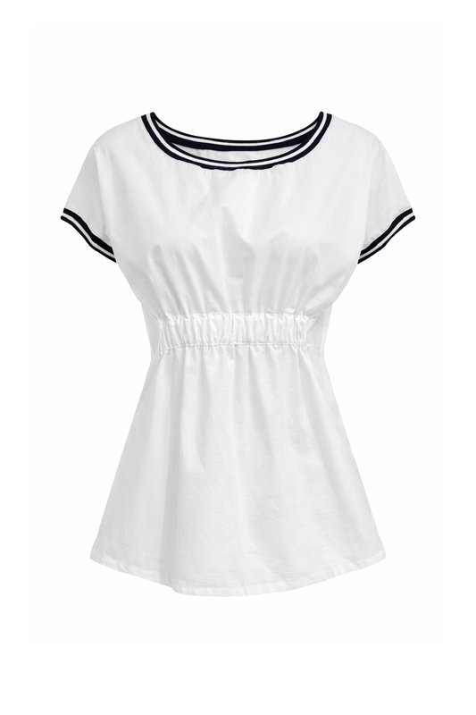 White Cinched-Waist Short Sleeve Top with Contrast Trim