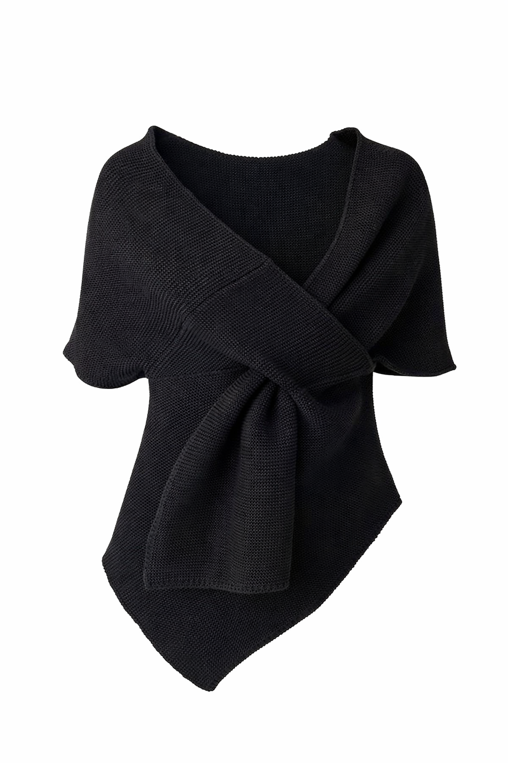 Black Asymmetric Wrap-Effect Knit Top