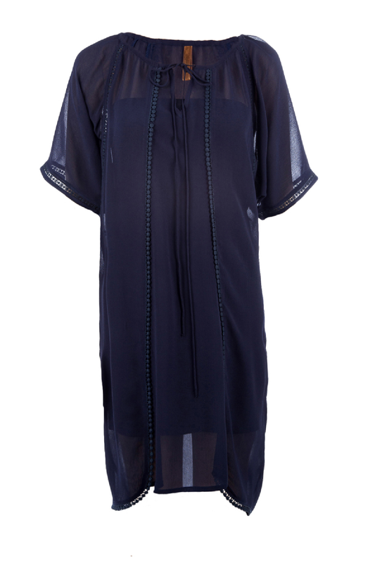 Conquista Φόρεμα Mini Casual Κοντομάνικο Στρογγυλή Λαιμόκοψη Με Κορδόνι Μονόχρωμο Βισκόζη Μπλε C340-241