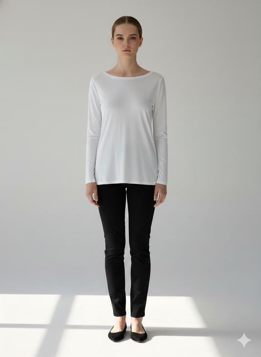 Conquista Μπλούζα Longline Casual Μακρυμάνικη Στρογγυλή Λαιμόκοψη Μονόχρωμη Tencel Βαμβάκι Λευκή CD-026-01