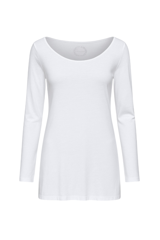 Conquista Μπλούζα Longline Casual Μακρυμάνικη Στρογγυλή Λαιμόκοψη Μονόχρωμη Tencel Βαμβάκι Λευκή CD-026-01