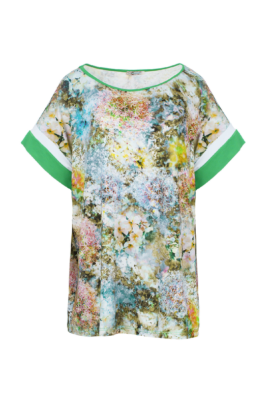 Conquista Τοπ Plus Size Casual Κοντομάνικο Στρογγυλή Λαιμόκοψη Floral Εμπριμέ Πράσινο P540-003-17