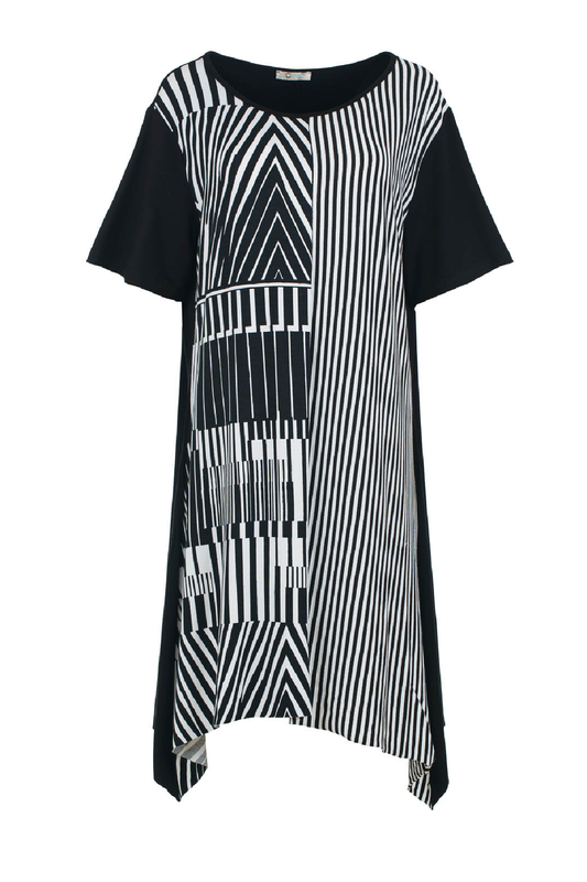 Conquista Φόρεμα Midi Casual Ασύμμετρο Plus Size Στρογγυλή Λαιμόκοψη Γεωμετρικό Μαύρο Λευκό P540-020-00