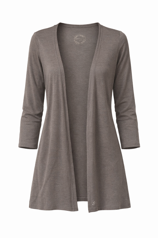 Open-Front Three-Quarter Sleeve Jersey Cardigan