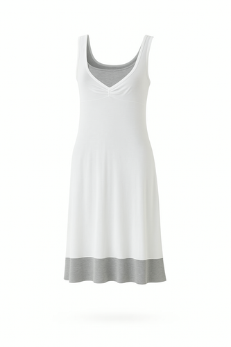 Sleeveless Two-Tone Jersey Dress – White with Grey Contrast Hem