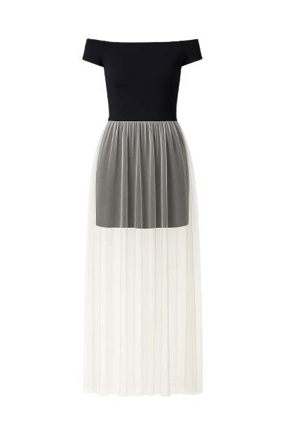 Off-Shoulder Maxi Dress with Sheer Pleated Skirt