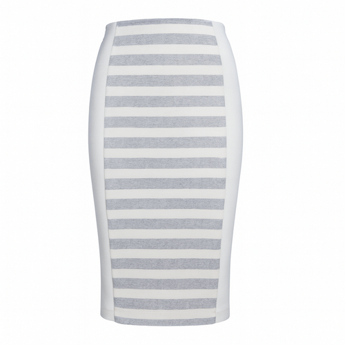 Ecru and Grey Striped Pencil Skirt