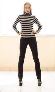 Striped Black and Grey Polo Neck Top