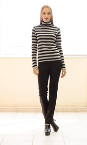 Striped Black and Grey Polo Neck Top