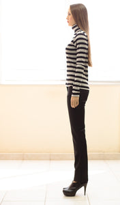 Striped Black and Grey Polo Neck Top