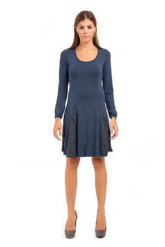 Long Sleeve A Line Jersey Dress with Creased Fabric Detail