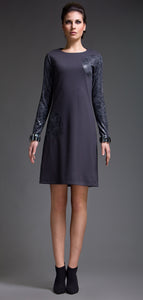 Long Sleeve Punto di Roma Dress with Print Leather Detail