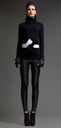 Fitted Stretch Jersey Long Sleeve Polo Neck Top with Faux Leather Detail