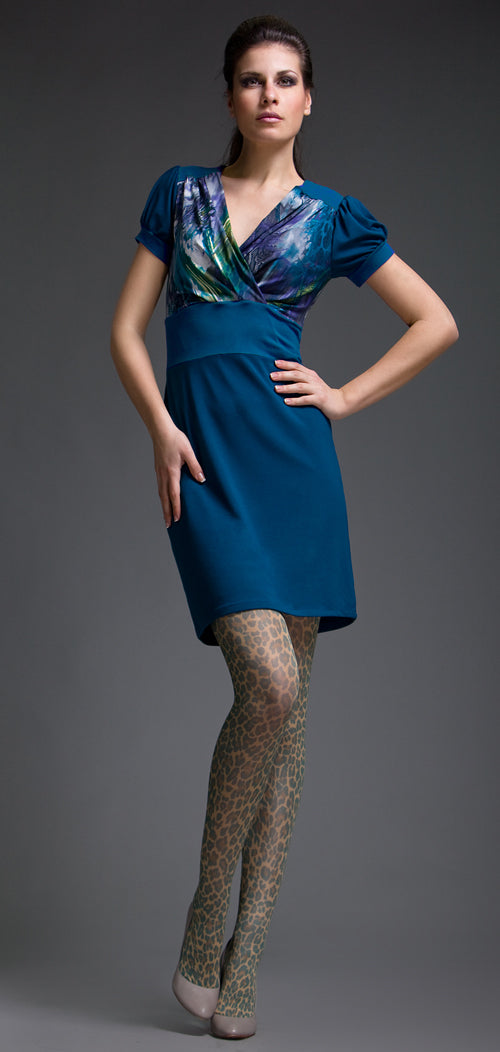 Print Detail Petrol Blue Faux Wrap Dress