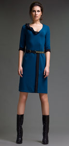 Elbow Sleeve Two Tone Felt Dress with Frill and Trim Detail