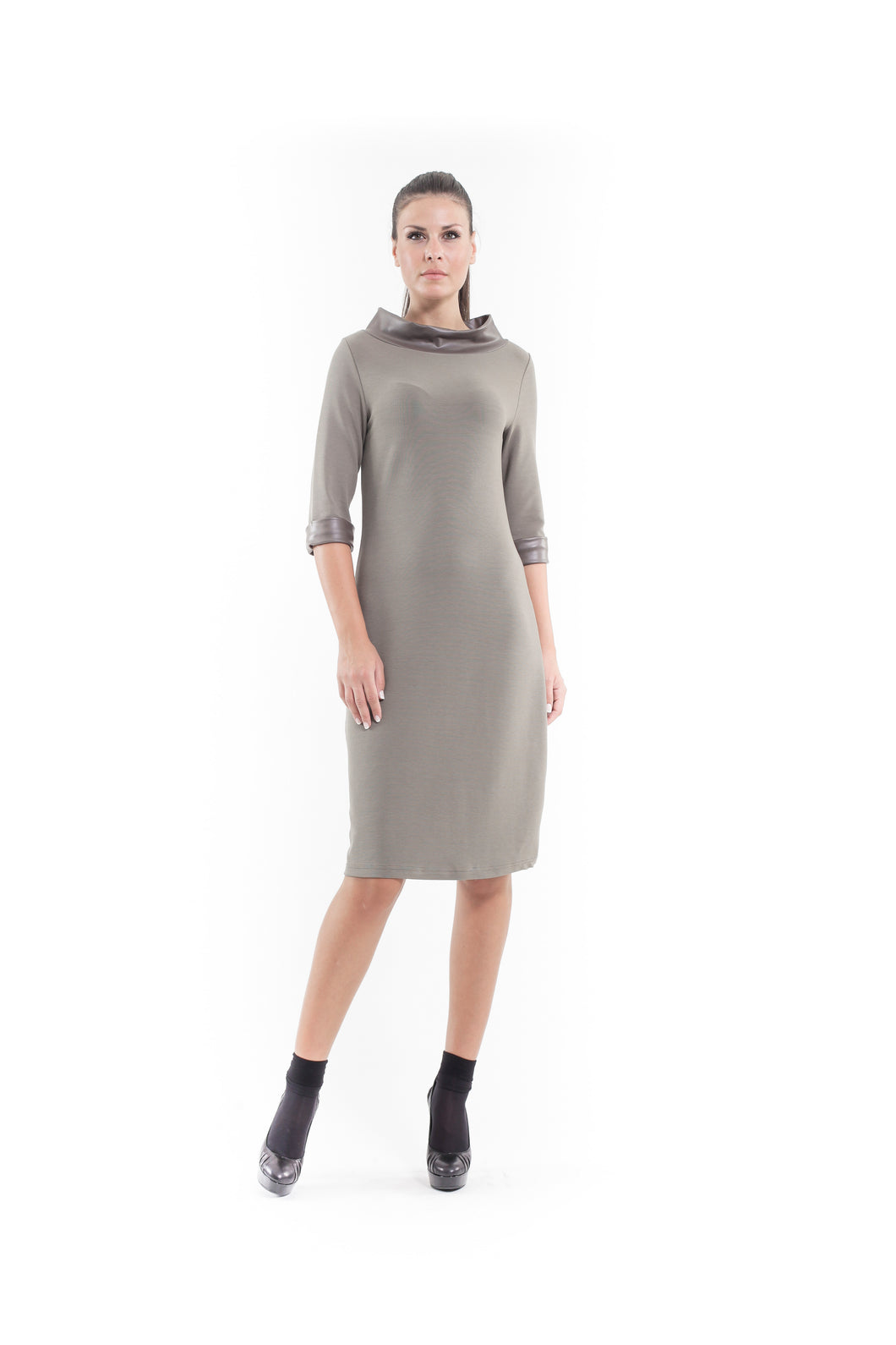 Faux Leather Detail Shift Dress olive.